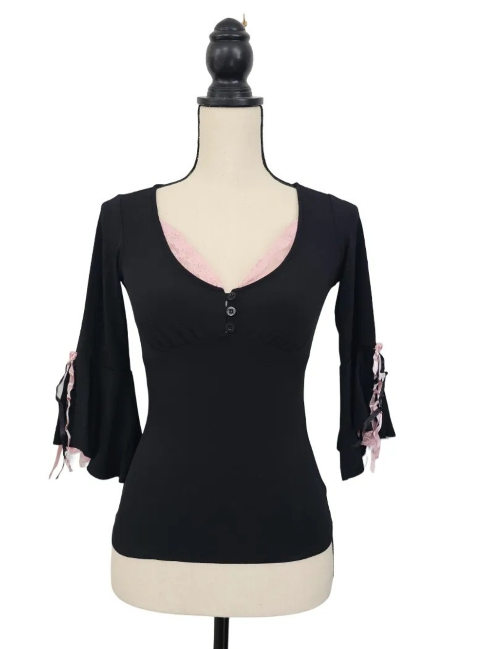 Black Pink Lace Bell Sleeve Top XS Romantic Goth Coquette Fairy